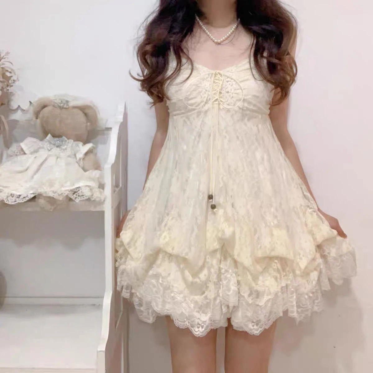 2000 년대 고딕 빈티지 미니 드레스 여성 민소매 스트랩 파티 드레스 저녁 레이스 레트로 Cltohing 일본 Y2k Black Chic Lolita