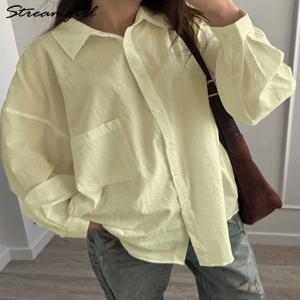 화이트 베이직 오버사이즈 버튼업 셔츠 여성 여름 코튼 오피스룩 루즈 블라우스 여성 옐로우 셔츠 긴팔