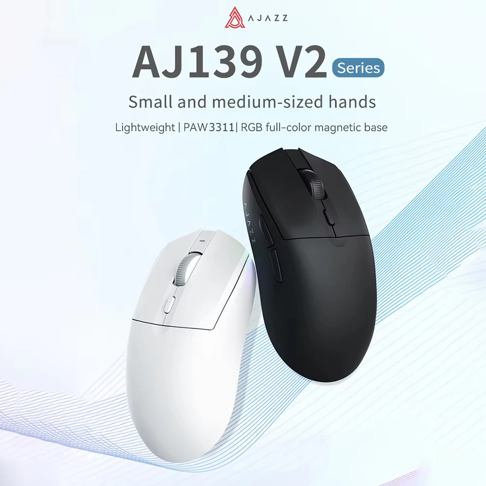 AJAZZ AJ139 V2 MC/Pro 무선/유선 게임용 마우스 PAW3395/3311 센서 1K 반환 속도(RGB 풀 컬러 마그네틱 베이스 충전 포함)