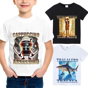 이탈리아 Brainrot 동물 어린이 면화 티셔츠 Cappuccino Assassino 어린이를위한 반팔 탑 Funny Meme 귀여운 티 여름 의류