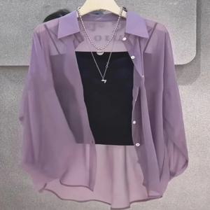 플러스 사이즈 여성용 셔츠 2025 여름 통기성 및 자외선 차단 아이스 실크 버튼 얇은 루즈 시어 쉬폰 블라우스 긴 소매