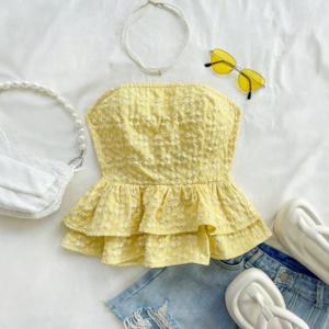 여성 여름 스윗 플로럴 텍스처 원단 옐로우 크롭탑 스트랩리스 더블 플라운스 백 레이스업 섹시 백리스 여성 튜브탑