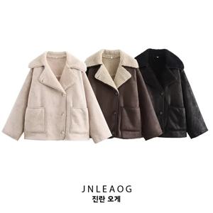 JNLEAOG 패셔너블 캐주얼 스타일 여성 코트 통합 가죽 및 모피 디자인 슬림 폴리에스터 원단 긴 소매 버튼 클로저