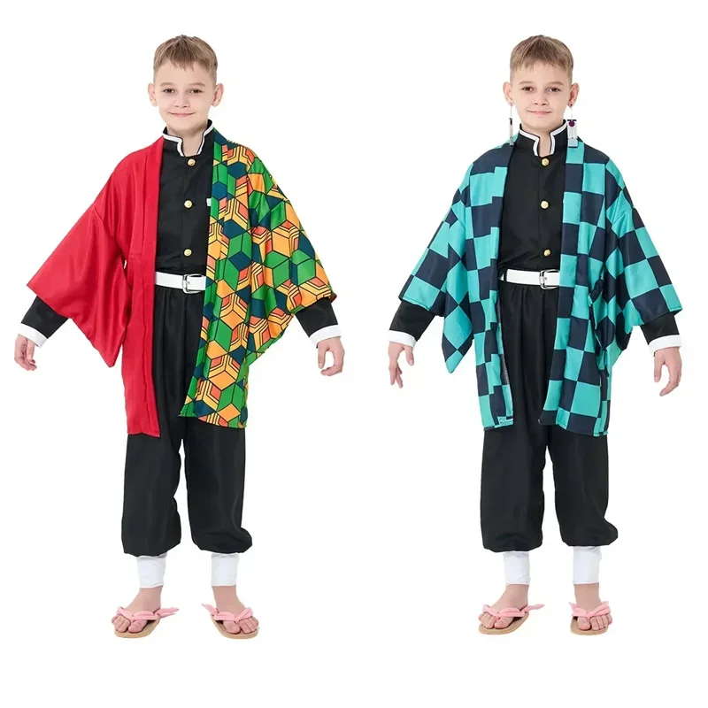 키즈 데몬 슬레이어 코프 Kimetsu No Yaiba 코스프레 의상 - Kamado Tanjirou 유니폼 with Anime Cloak Agatsuma Zenitsu Dress-Up Ou