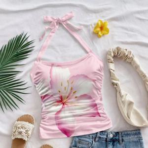 여성 여름 신상 플로럴 프린트 핑크 니트 넥 홀터 슬림핏 크롭탑 섹시 백리스 플리츠 허리 캐주얼 탱크탑