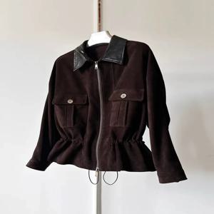 여성을위한 레트로 정품 키드 스웨이드 가죽 자켓 칼라 포켓 탄성 drawstring 셔츠와 100% 양피 슬림 피트 코트