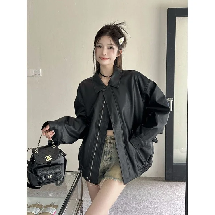 레트로 아메리칸 브라운 가죽 재킷 여성용 루즈핏 긴 소매 블랙 쿨 모터사이클 PU 가죽 재킷 가을 시즌 아우터웨어