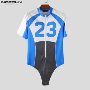INCERUN 남성 바디 슈트 인쇄 패치 워크 지퍼 짧은 소매 남성 Rompers Playsuits 운동 2025 보디 빌딩 캐주얼 바디 슈트