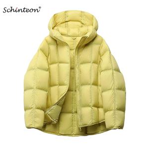 Schinteon 여성용 라이트 화이트 다운 재킷 후드 포함 루즈 오버사이즈 캐주얼 가을 겨울 아우터웨어 스퀘어 웜 숏 코트 2025 신상