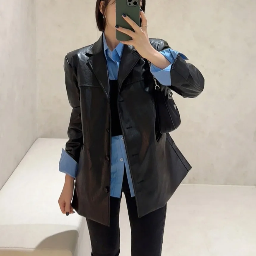 여성용 시크 루즈 레트로 스타일 PU 가죽 재킷 패셔너블 출퇴근용 다용도 긴팔 셔츠 한국 버전 가죽 코트