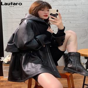 Lautaro 여성용 방수 블랙 오버사이즈 가죽 재킷, 후드 포함, 긴팔 드로스트링, 디자이너 럭셔리 윈드브레이커 코트, 가을