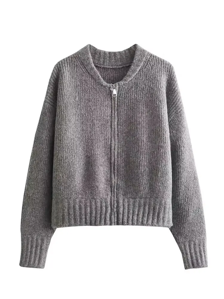 HH 여성 빈티지 단색 코트 긴 소매 라운드 넥 스웨터 재킷 2024 봄 여성 캐주얼 지퍼 스웨터 코트