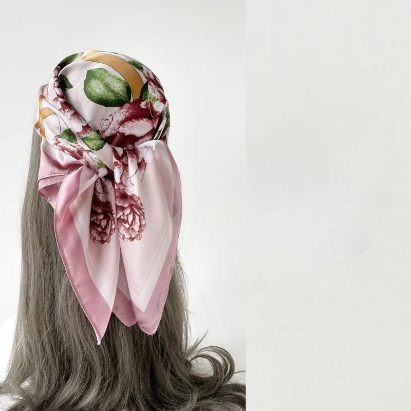 68cm 복숭아 꽃 인쇄 스카프 여성 봄, 여름 얇은 모조 실크 스카프 패션 기질 스카프 Headscarf Shawl