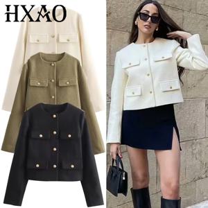 HXAO 여성 아우터웨어 가을 긴 소매 크롭 재킷 여성용 겨울 버튼 데미 시즌 숏 코트 우아한 여성 코트