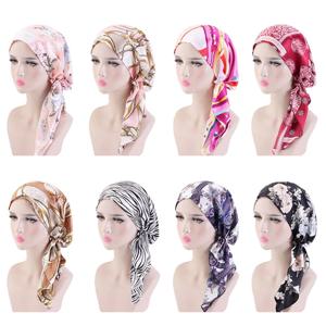 여성 새틴 Pre-Tied Turban 모자 Headscarf 이슬람 Hijab 암 Chemo 인쇄 모자 커버 탈모 머리 스카프 랩 Strech Bandana