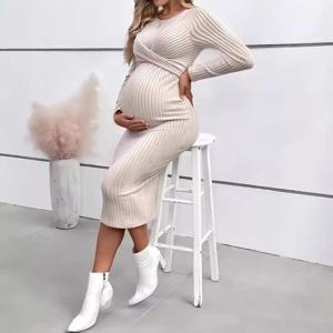 가을 겨울 미국 캐주얼 넥타이 라인 슬림 드레스 출산 우아한 라인 임신 한 여성을위한 뜨거운 옷 임신