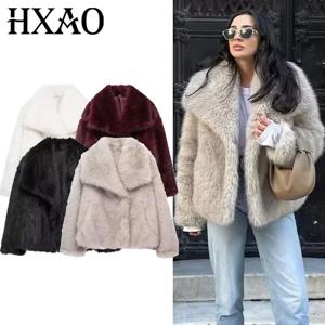 HXAO 2024 여성 가을 겨울 인조 모피 코트 플러시 플러피 여성 재킷 신상 아우터웨어 화이트 레드 그레이 블랙 울 혼방 코트