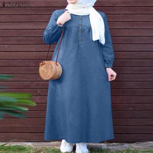 ZANZEA 데님 블루 이슬람 Hijab Abaya 가운 가을 2024 긴 소매 느슨한 캐주얼 이슬람 맥시 드레스 솔리드 여성 Kaftan 드레스