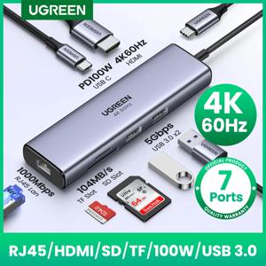 UGREEN USB 허브, 7-in-1 C타입, HDMI SD 및 TF, 5Gbps, USB3.0, PD100W, 노트북 맥북 액세서리, USB 스플리터 도킹 스테이션