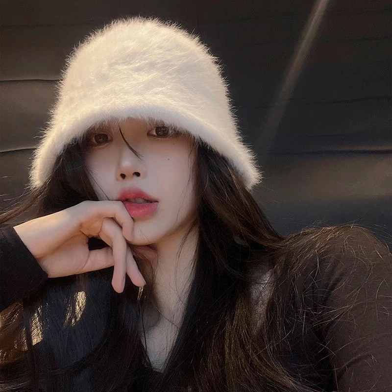 여성용 토끼 털 어부 모자, 가을 겨울 대야 모자, 머리 라운드 봉제 노인 감각 얼굴, 작은 흰색 버킷 모자