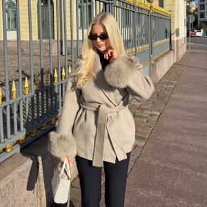 TARUXY 폭스 모피 모직 코트 여성 짧은 코트 Office Lady 이동식 우아한 양면 울 오버코트 2025 New Cardigan Jacket