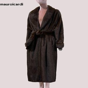 Mauroicardi 여성용 긴 두꺼운 따뜻한 다크 브라운 스커트, 인조 밍크 모피 코트, 숄 칼라 새시, 우아한 럭셔리 모피 오버코트 2025