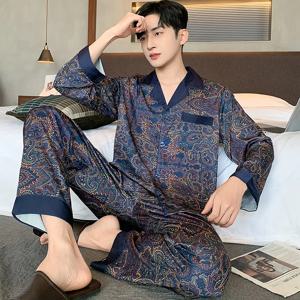 고품질 남성 잠옷 정장 봄 가을 얼음 실크 하이 엔드 긴팔 잠옷 세트 여성 민족 스타일 대형 Loungewear