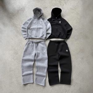 하라주쿠 자수 지퍼 그레이 후드 트랙 슈트 남성 운동복 스웨트 팬츠 투피스 세트 자켓 new y2k streetwear mens Clothes