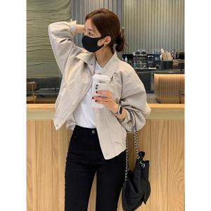 우아한 순색 짧은 재킷 여성 캐주얼 다용도 한국 스타일 봄 가을 신상 긴 소매 폴로 칼라 패셔너블 아우터웨어