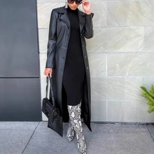 가짜 PU 가죽 코트 여성 싱글 브레스트 롱 코트 턴 다운 칼라 Y2k streetwear 자켓 스플 라이스 오픈 스티치 2025 자켓