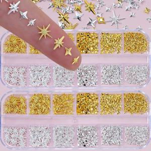 1000Pcs-12grids 3D 골드 실버 스타/크로스 네일 리벳 스터드 합금 금속 별빛 네일 매력 Y2K 3d 크로스/스타 매니큐어 리벳