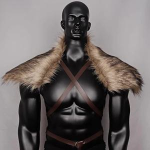 남자 중세 가짜 모피 케이프 어깨 망토 가슴 스트랩 가짜 모피 칼라 레트로 바이킹 모피 케이프 할로윈 코스프레 의상