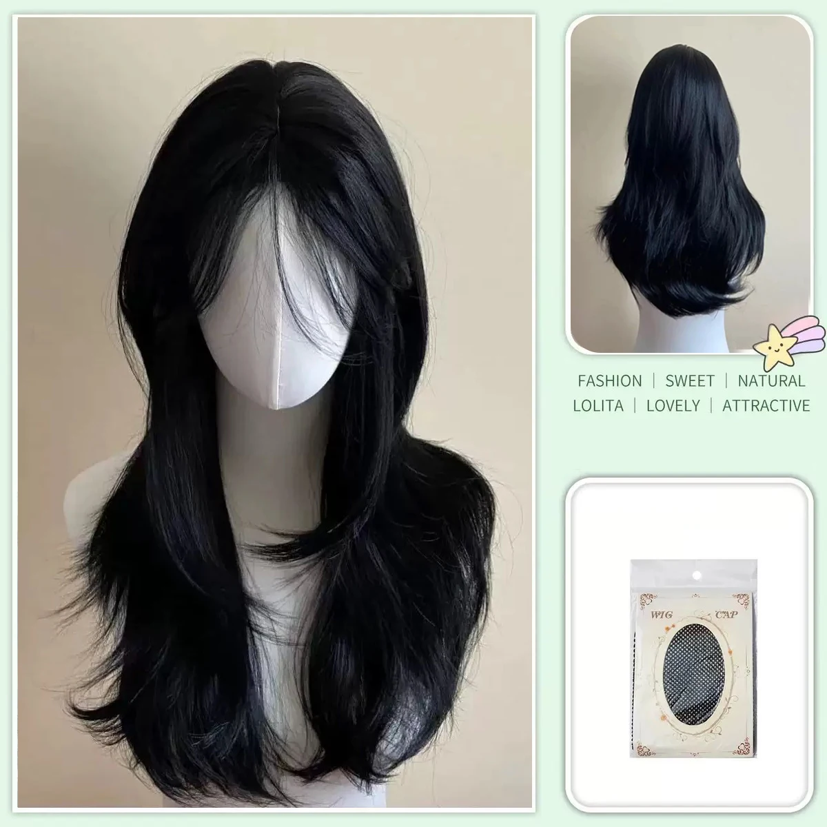 검은색 가발 여성 헤어밴드 바디 웨이브 로즈 헤어넷 프렌치 뱅 고품질 시뮬레이션 헤어 합성 가발