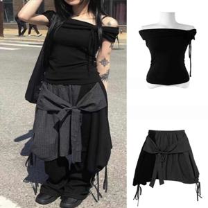 패셔너블한 한국 스타일 여름 안티에이징 원숄더 반팔 티셔츠 탑 하프 스커트 캐주얼 여성 패치워크 의류