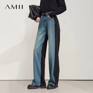 Amii 청바지 바지 여성 2025 가을 새로운 캐주얼 복고풍 여성 데님 바지 느슨한 패치 워크 다목적 와이드 레그 숙녀 바지 12553027