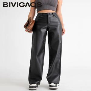BIVIGAOS 가을 겨울 양털 느슨한 넓은 다리 따뜻한 가죽 바지 여성 버튼 포켓 하이 웨이스트 두꺼운 PU 캐주얼 스트레이트 바지
