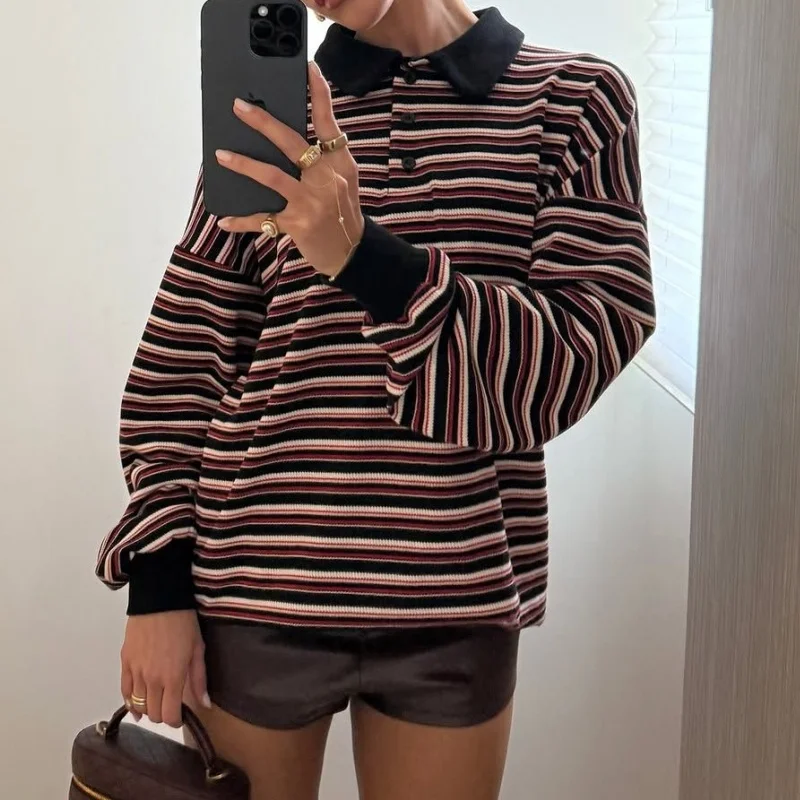 여성 스트라이프 럭비 셔츠 라펠 칼라 빈티지 오버사이즈 긴팔 풀오버 Y2K 티셔츠 캐주얼 스웨트셔츠