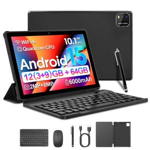BAKEN 10인치 안드로이드 15 태블릿, 쿼드코어 프로세서, 12GB (3+9 확장) RAM + 64GB 저장공간, 5G WiFi, 1280*800 듀얼 카메라