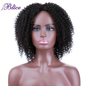 Blice Afro Kinky Curly 중간 부분 클로저 가발 천연 혼합 합성 머리 가발 여성용 16 인치 블랙 컬러
