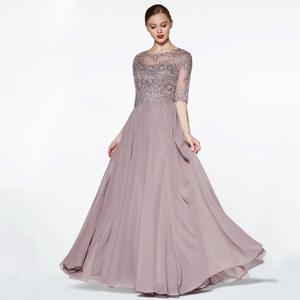 2023 반소매 시폰 드레스, 우아한 A라인 레이스, 웨딩 하객 가운, 착시 이브닝 드레스