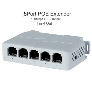 5 포트 POE 확장기 90W 10/100Mbps 1 in 4 Out 100 미터 네트워크 스위치 리피터(PoE 스위치 NVR IP 카메라용 IEEE802.3af 포함)