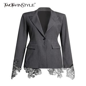 TWOTWINSTYLE 여성용 솔리드 패치워크 레이스 블레이저, 노치드 칼라, 긴팔, 하이웨이스트, 슬리밍 캐주얼 블레이저, 신상 패션