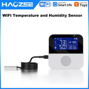 Haozee Tuya 백라이트 LCD 디스플레이가있는 스마트 WIFI 온도 및 습도 센서 실내 온도계 습도계 측정기