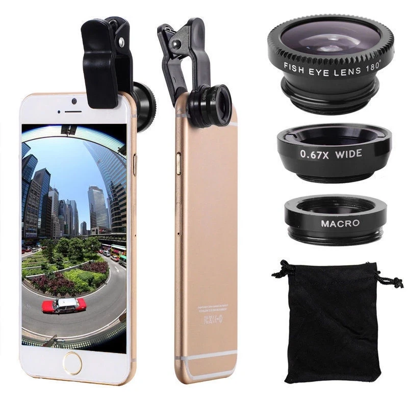 3 in 1 Fisheye 전화 렌즈 광각 줌 렌즈 Fish Eye 매크로 렌즈 모든 스마트 폰용 전화에 클립 렌즈가있는 카메라 키트