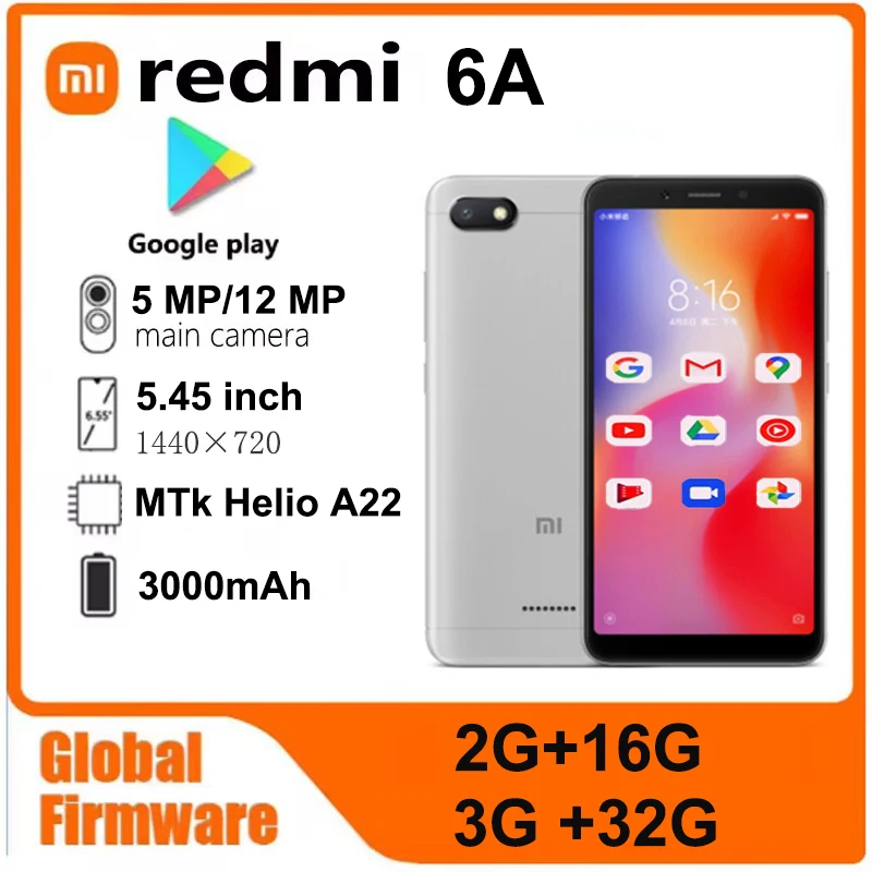 샤오미 레드미 6A 스마트폰, 글로벌 펌웨어, 5.45 인치, 13MP MediaTek Helio A22, 3000mAh, 얼굴 인식 중고 전화