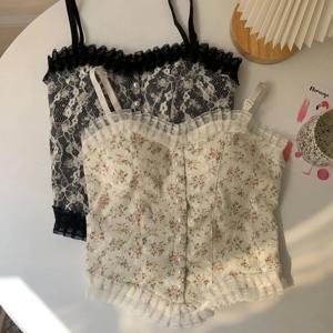 1PC 여성 캐미솔 여름 프렌치 레이스 꽃 프릴 가슴 패드가있는 스틸 링 없음 소녀 Bottoming Shirt Tank Top