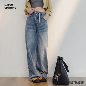 Maden 여성용 연청 와이드 레그 청바지, 빈티지 드로스트링 허리띠 스트레이트 바지, 여름 캐주얼 바지, 워싱 청바지, S M L XL