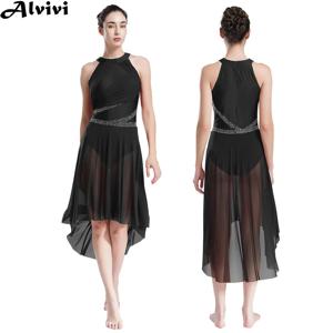 여성용 서정적 무용 원피스, 현대 무용, 피겨 스케이팅, 체조 발레 레오타드 투투, 민소매 라인스톤 메쉬 댄스웨어