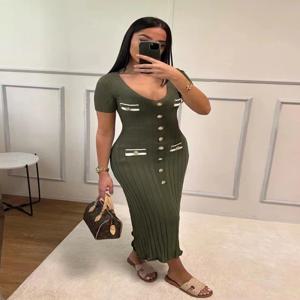 사무실 레이디 우아한 니트 롱 드레스 여름 짧은 소매 v 넥 싱글 브레스트 Bodycon 드레스 여성 파티 패션 Vestidos