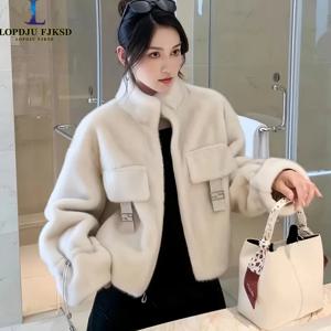 여성용 인조 모피 코트, 스플 라이스 자켓, 여성 오버코트, 두꺼운 따뜻한 옷, 영국 스타일, 레이스 업, 신규, 겨울, 2024